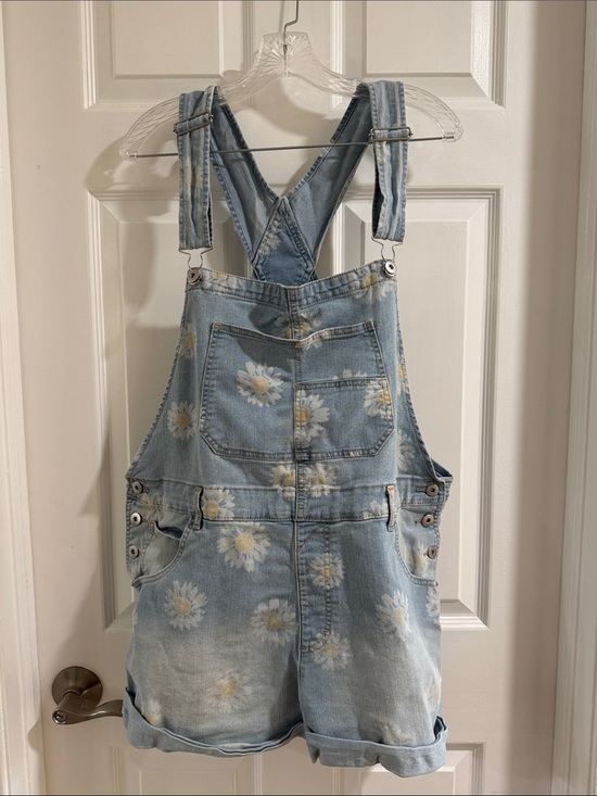 No Boundaries Pants - No Boundaries Light Blue Daisy Print Denim Short Overalls